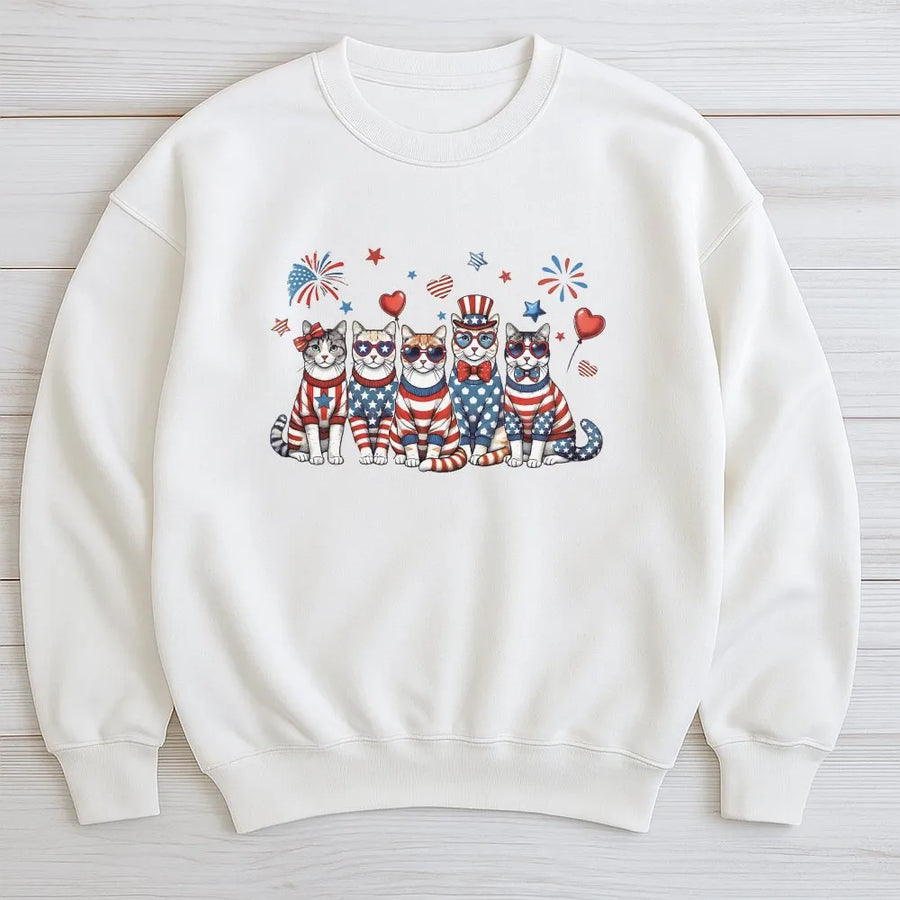Patriotic Cats Sweatshirt | Cute American Flag Kittens & Fireworks Graphic | Premium Cotton Tee | Fourth of July Gift for Cat Lover