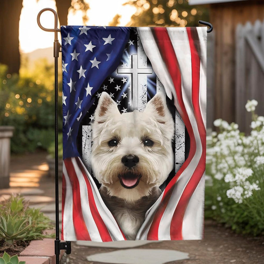 Westie Garden Flag | Patriotic American Flag & Cross Design | Premium Weather-Resistant Polyester | Outdoor Yard Decor Gift