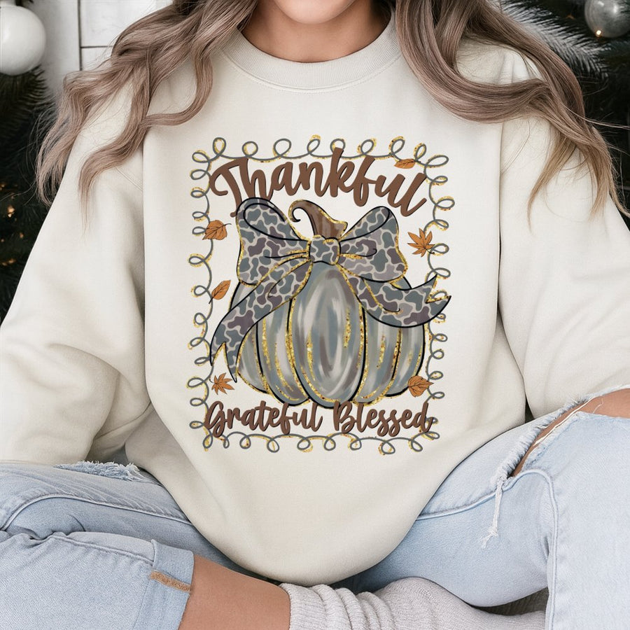 Thankful Grateful Pumpkin Sweatshirt | Leopard Print Coquette Bow Design | Soft Cotton Blend | Thanksgiving Fall Gift For Women