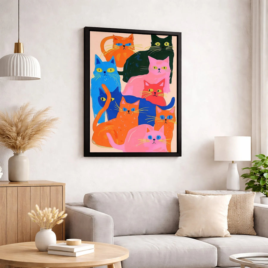 Colorful Cat Wall Art Canvas | Abstract Whimsical Cats Painting | Premium 1.25 Inch Gallery Wrap | Unique Cat Lover Gift Home Decor