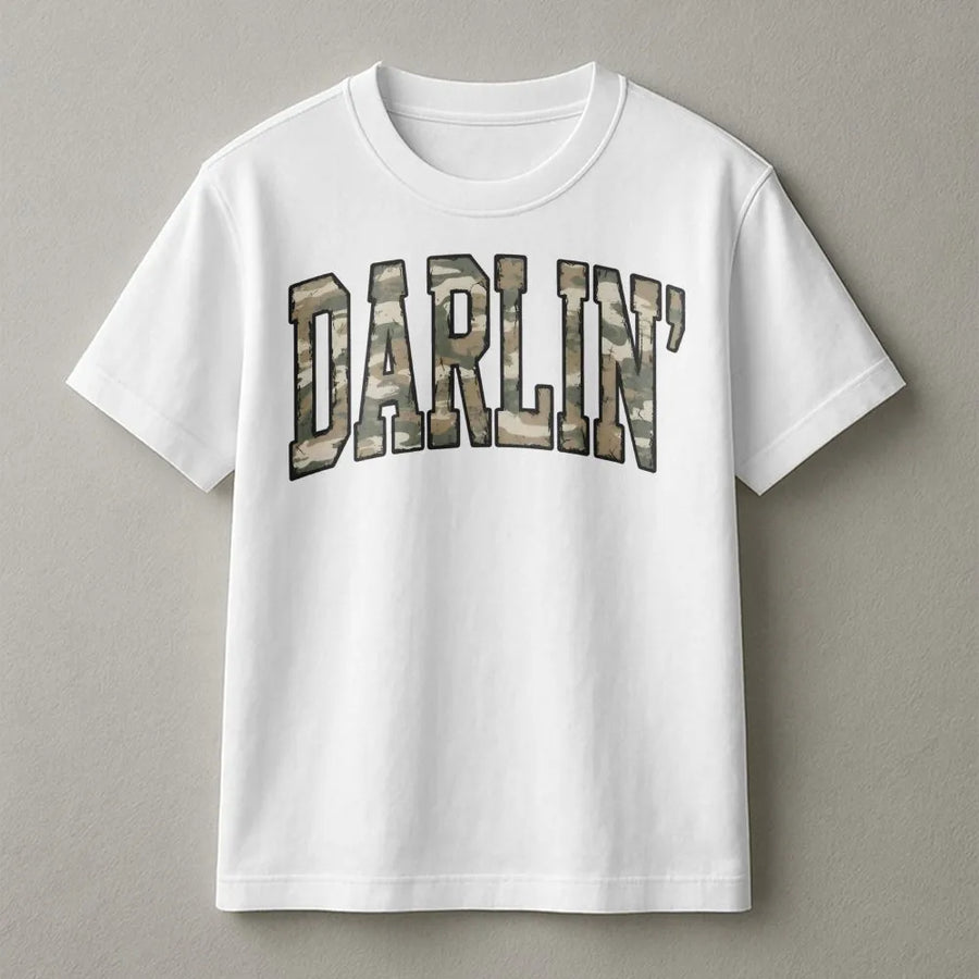 Darlin' Camo T-Shirt | Distressed Varsity Western Country Quote | Premium Cotton Comfort Tee | Trendy Southern Style Gift for Women