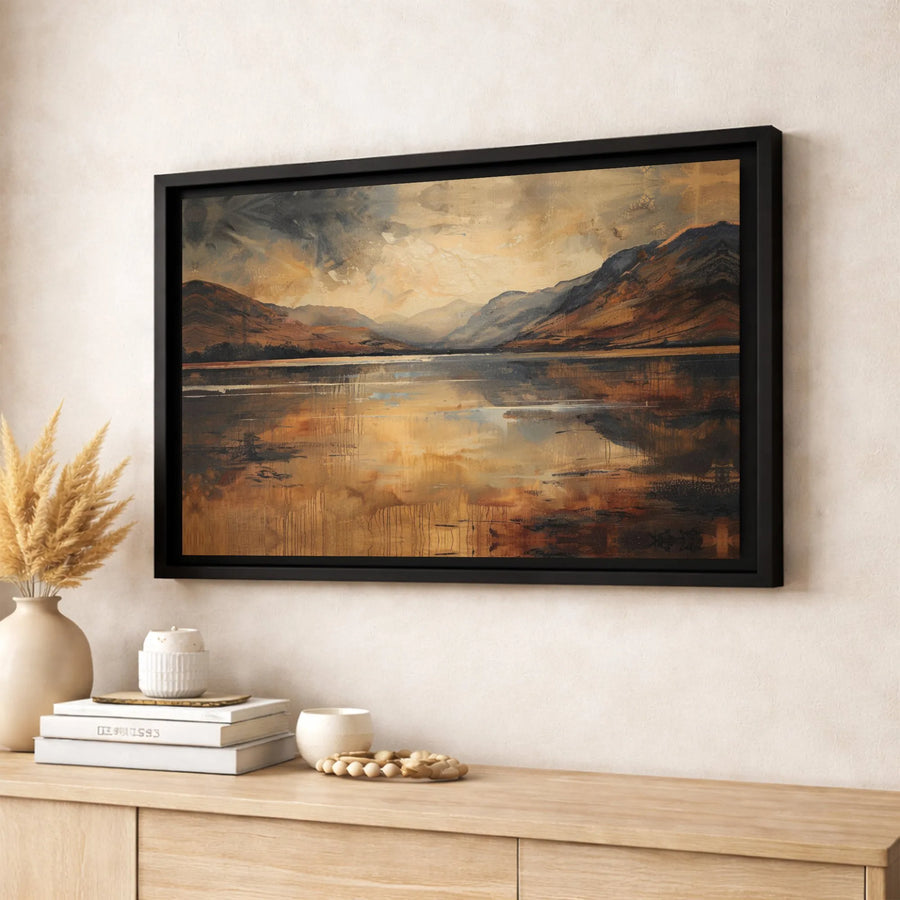 Abstract Mountain Lake Canvas Wall Art | Earthy Tones Landscape Painting | Premium Gallery-Wrapped Print | Modern Home & Office Decor Gift
