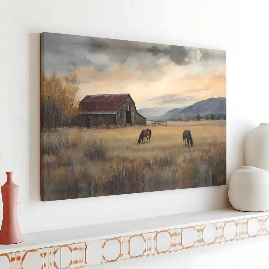 Rustic Barn and Horses Canvas Print | Vintage Country Landscape Art | Premium Gallery Wrapped Canvas | Farmhouse Living Room Decor Gift