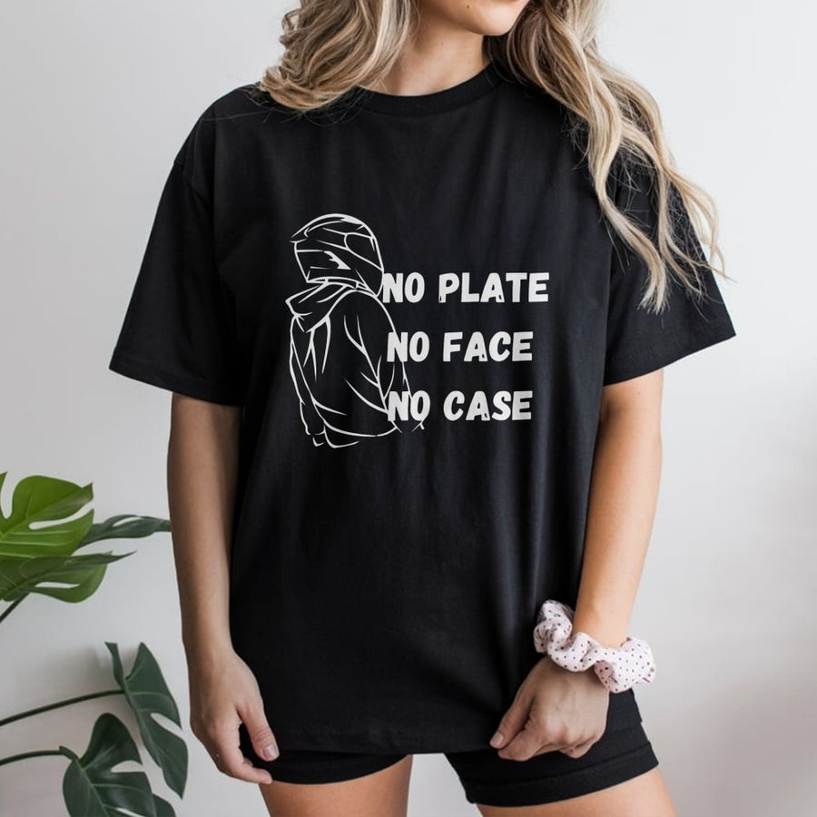 No Plate No Face No Case T-Shirt | Motorcycle Helmet Graphic Design | 100% Cotton Premium Apparel | Gift For Biker Rider Enthusiast