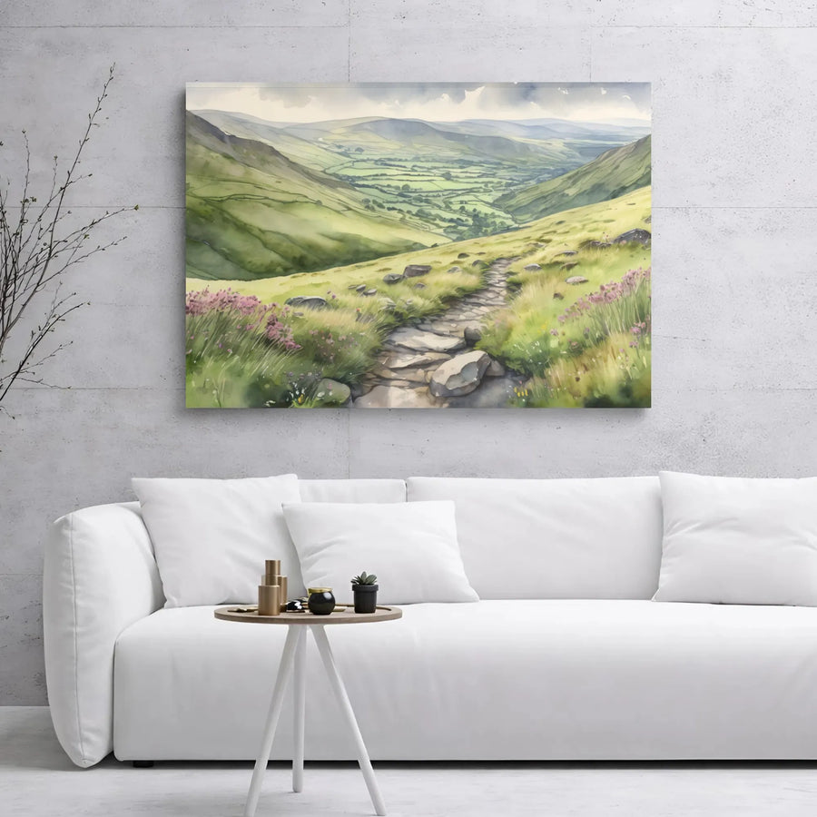 Green Valley Landscape Canvas Print | Watercolor Hiking Trail Wall Art | Premium Gallery Wrap | Nature Lover Home Decor Gift