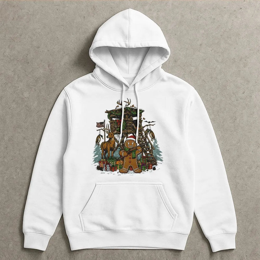 Gingerbread Man Hunting Hoodie | Funny Christmas Deer Hunting Scene | Soft Cotton Blend Unisex Pullover | Unique Gift For Hunter