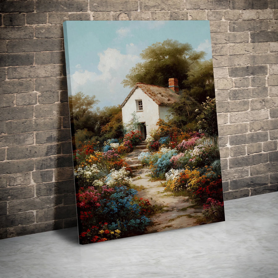 English Cottage Canvas Wall Art | Impressionist Flower Garden Landscape | Gallery Wrapped Premium Print | Vintage Country Home Decor Gift
