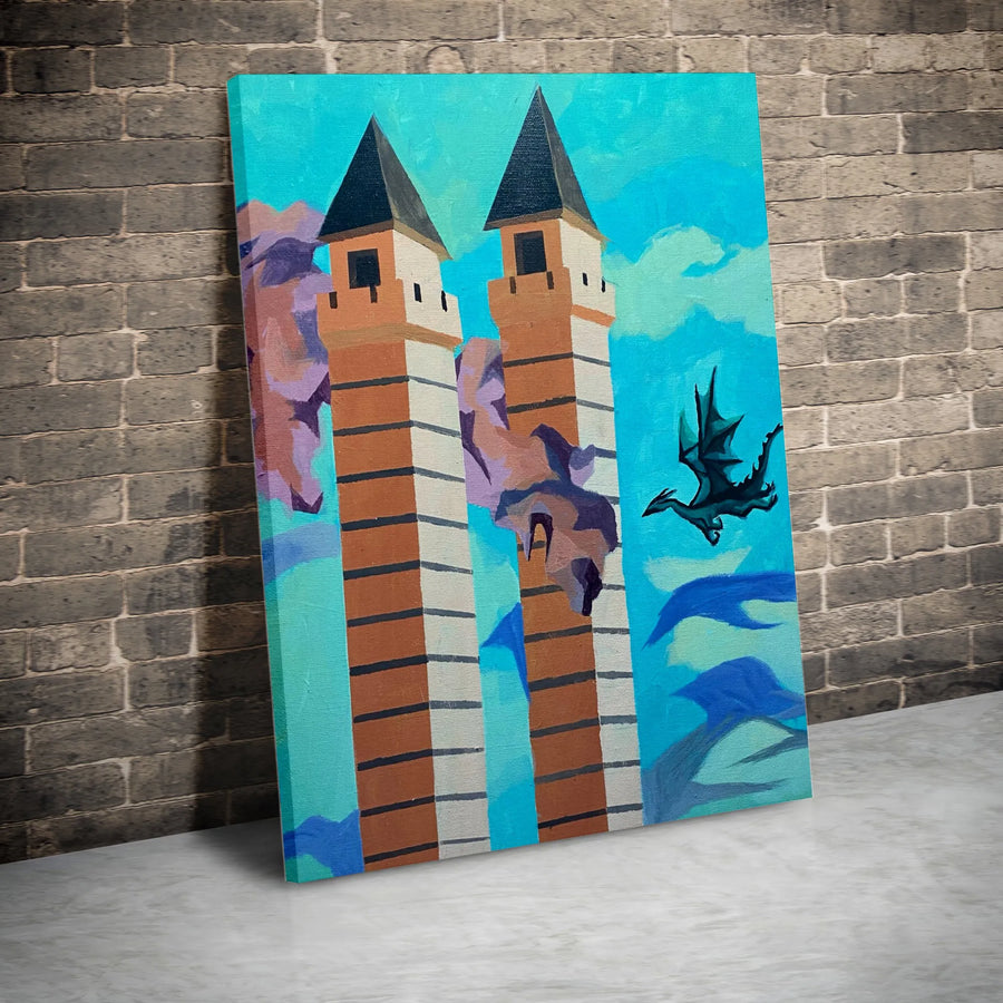 Fantasy Dragon Canvas Print | Mythical Castle Towers Wall Art | Premium Gallery Wrap Canvas | Gift for Fantasy Lover and Gamer Room Decor