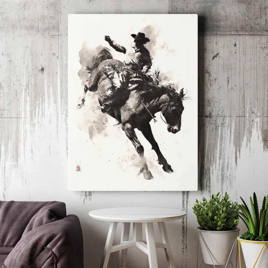 Rodeo Cowboy Canvas Art | Bucking Bronco Ink Wash Painting | Premium Gallery Wrap Wall Decor | Western Living Room Gift for Him