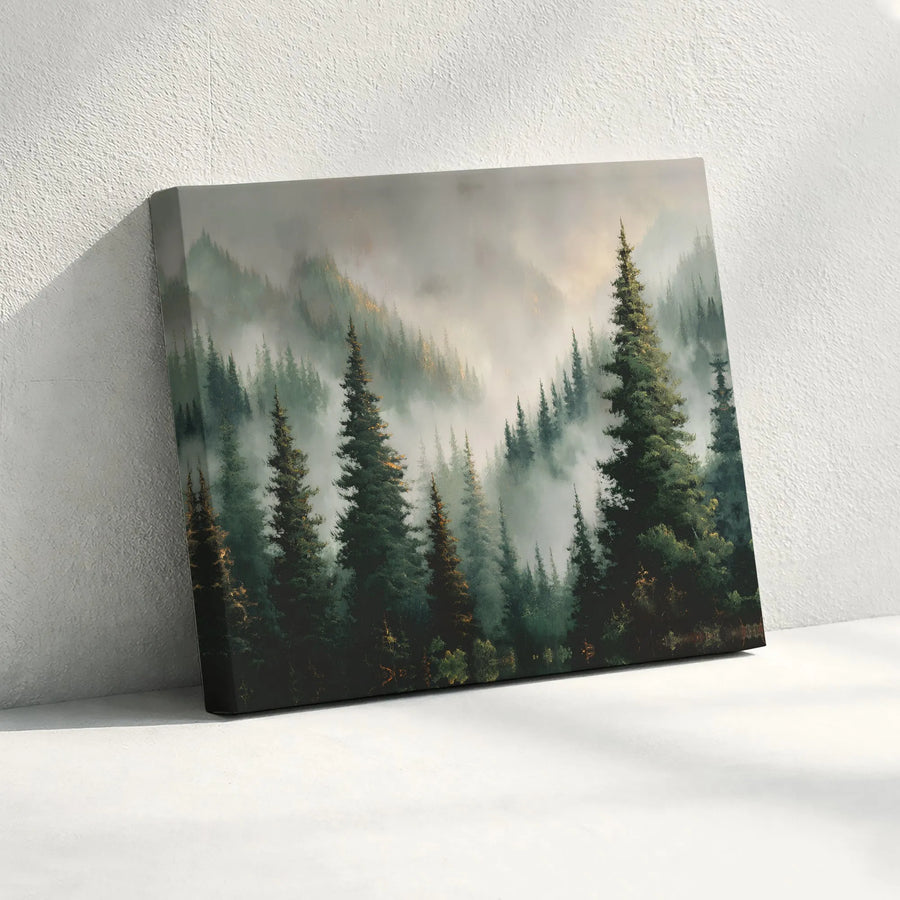Misty Forest Canvas Wall Art | Evergreen Mountain Landscape Painting | Premium Gallery Wrap Print | Rustic Home Decor Gift