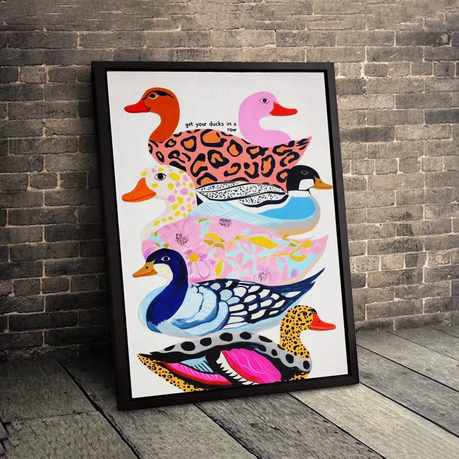 Get Your Ducks In A Row Wall Art | Colorful Abstract Duck Decor | Premium Gallery Wrap Canvas | Whimsical Office and Home Decor Gift