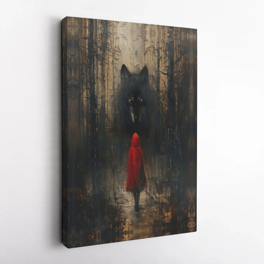 Red Riding Hood and Wolf Canvas Art | Gothic Fairy Tale Painting Print | Premium Matte Canvas | Moody Dark Academia Home Decor Gift