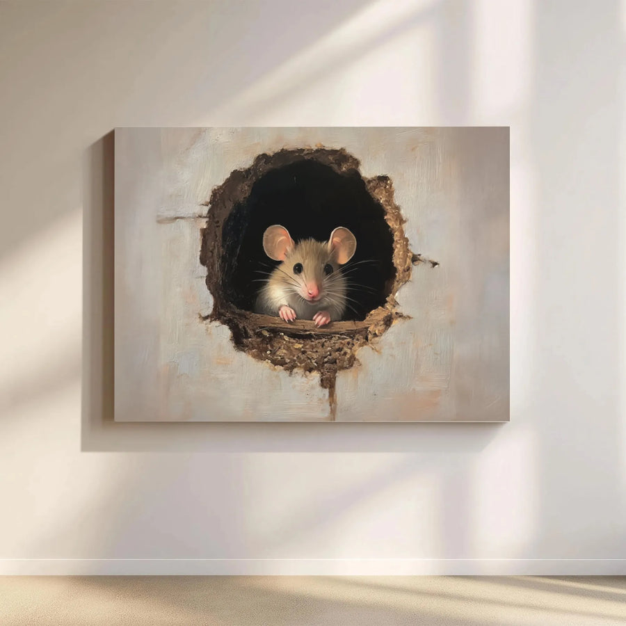 Cute Mouse In Wall Canvas Print | Whimsical Animal Peeking Hole Art | Premium Gallery-Wrapped Wall Decor | Unique Nursery & Office Gift
