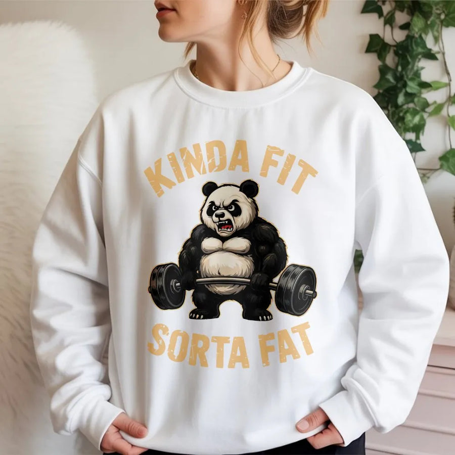 Funny Panda Gym Sweatshirt | Kinda Fit Sorta Fat Weightlifting Graphic | Premium Cotton Blend Crewneck | Workout Humor Gift for Lifters