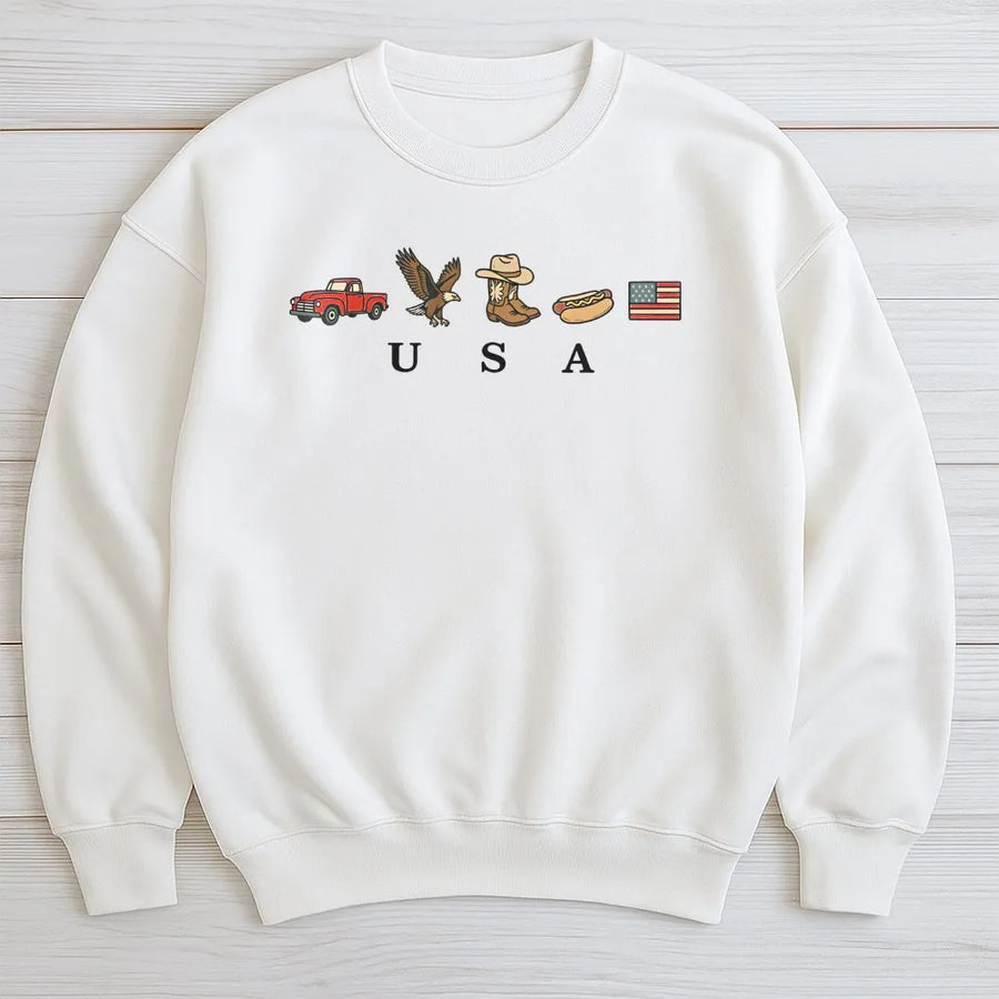 Patriotic USA Sweatshirt | Vintage Americana Icons Graphic | Soft Cotton Blend Fleece | Unisex American Country Style Patriotic Gift