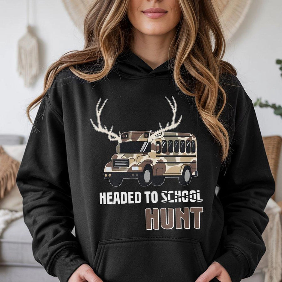 Headed To Hunt Hoodie | Camo School Bus Deer Antlers Graphic | Premium Cotton Blend | Gift For Hunters And Country Boys
