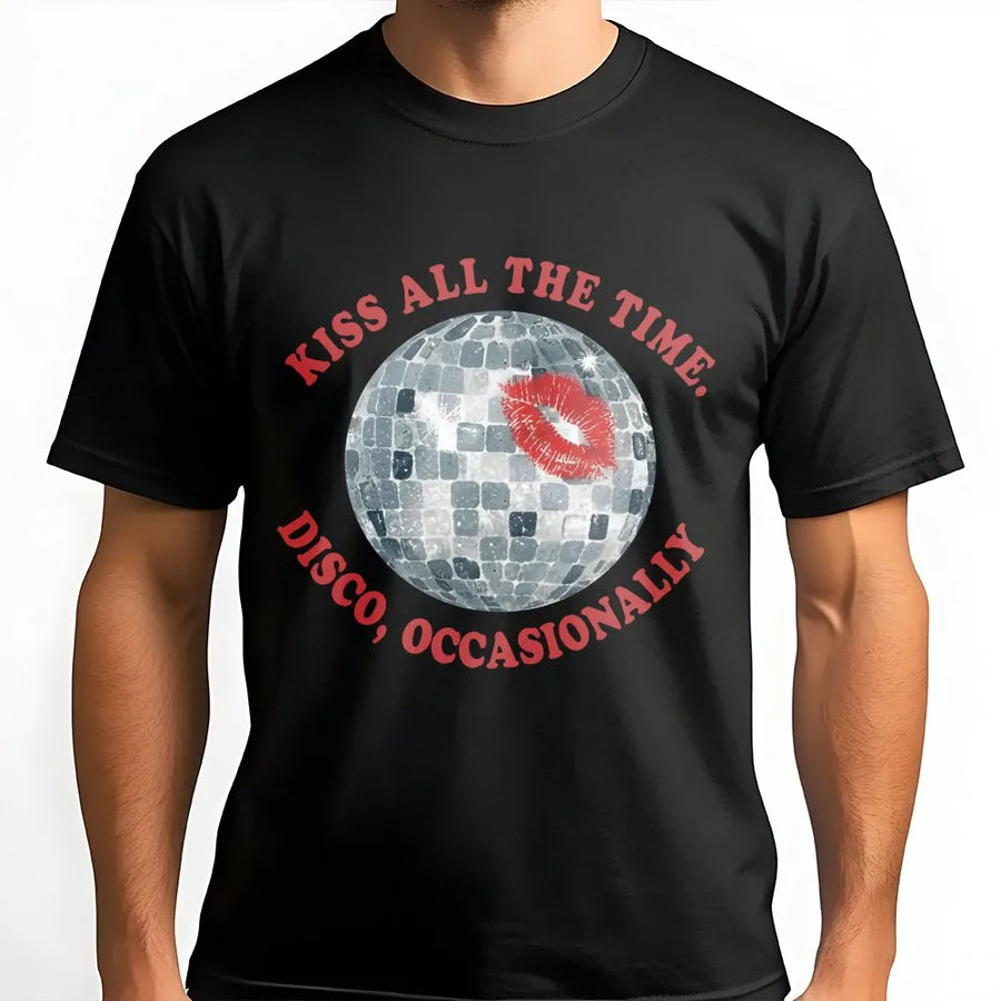 Retro Disco Ball T-Shirt | Kiss All The Time Graphic | Soft Cotton Crewneck | Y2K Concert Gift for Women