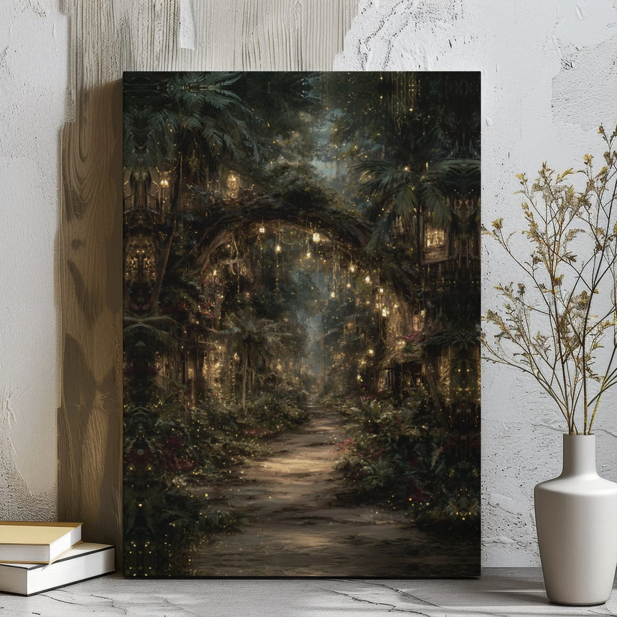 Enchanted Forest Canvas Wall Art | Fairy Light Path With Lanterns | Premium Gallery Wrap Decor | Magical Nature Gift For Home Office