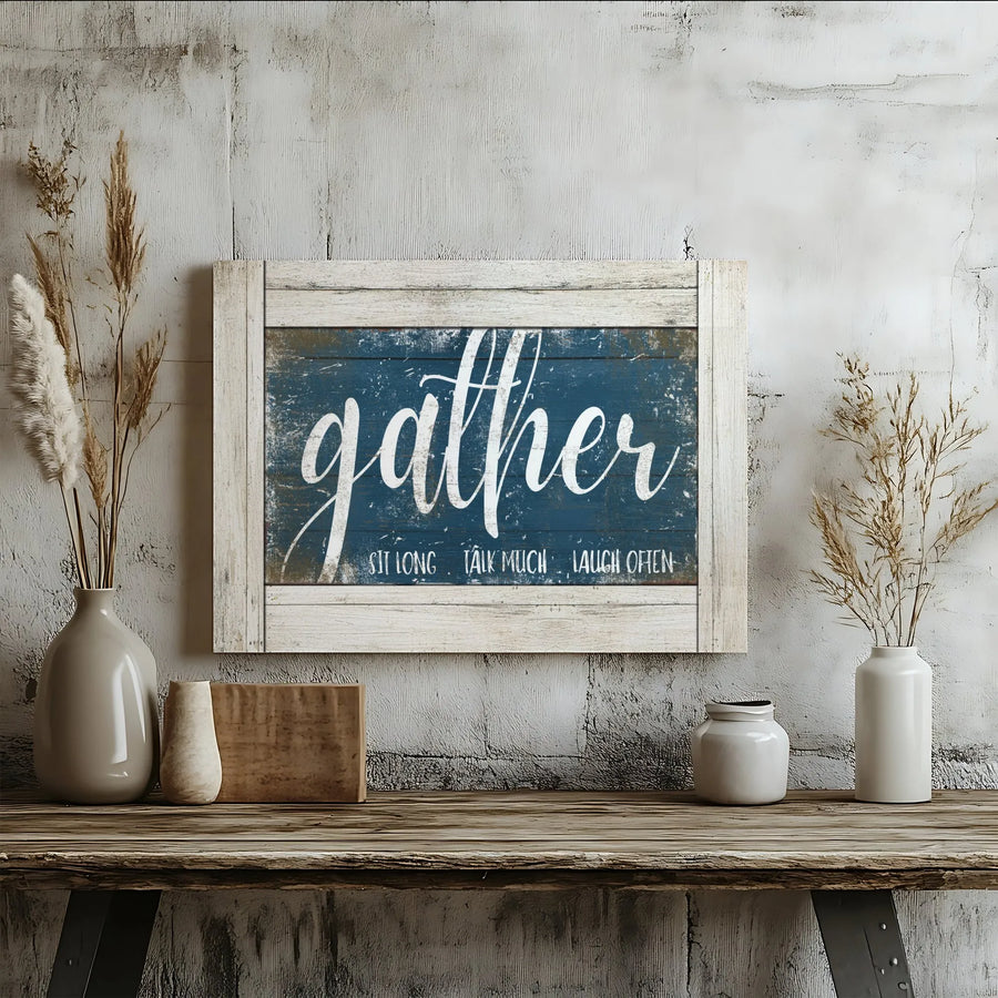Gather Sign Farmhouse Wall Art Horizontal Canvas | Rustic Blue Faux Wood Design Print | Premium 1.25 Inch Stretched Gallery Wrap | Perfect Cozy Housewarming Gift for Family Dining Room
