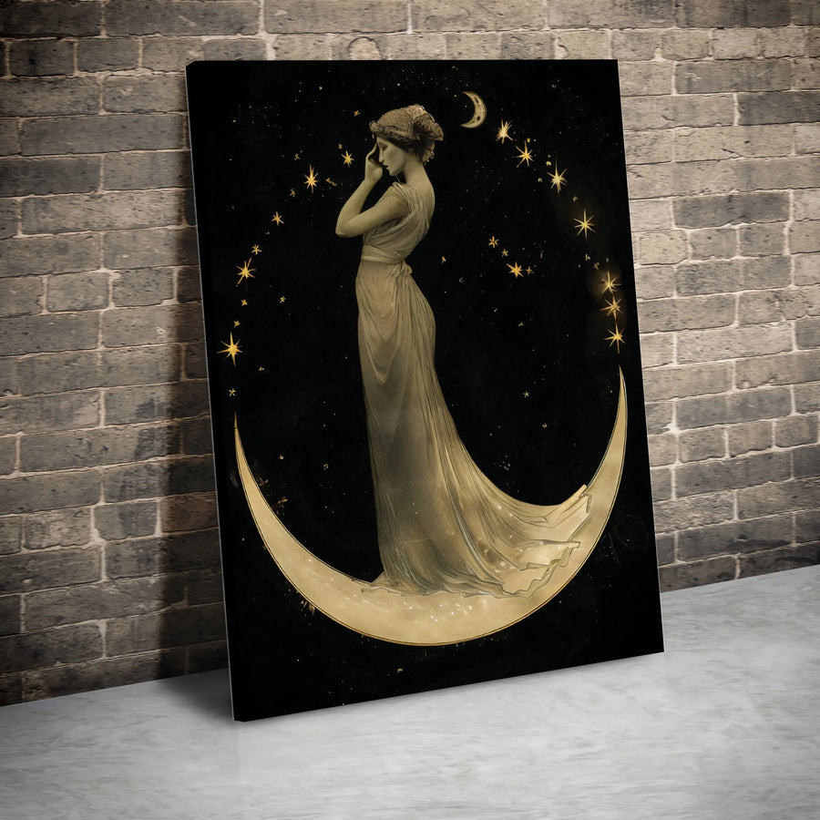 Celestial Goddess Wall Art | Vintage Aesthetic Crescent Moon Canvas | Premium Fade-Resistant Print | Mystical Home Decor for Bedroom or Living Room