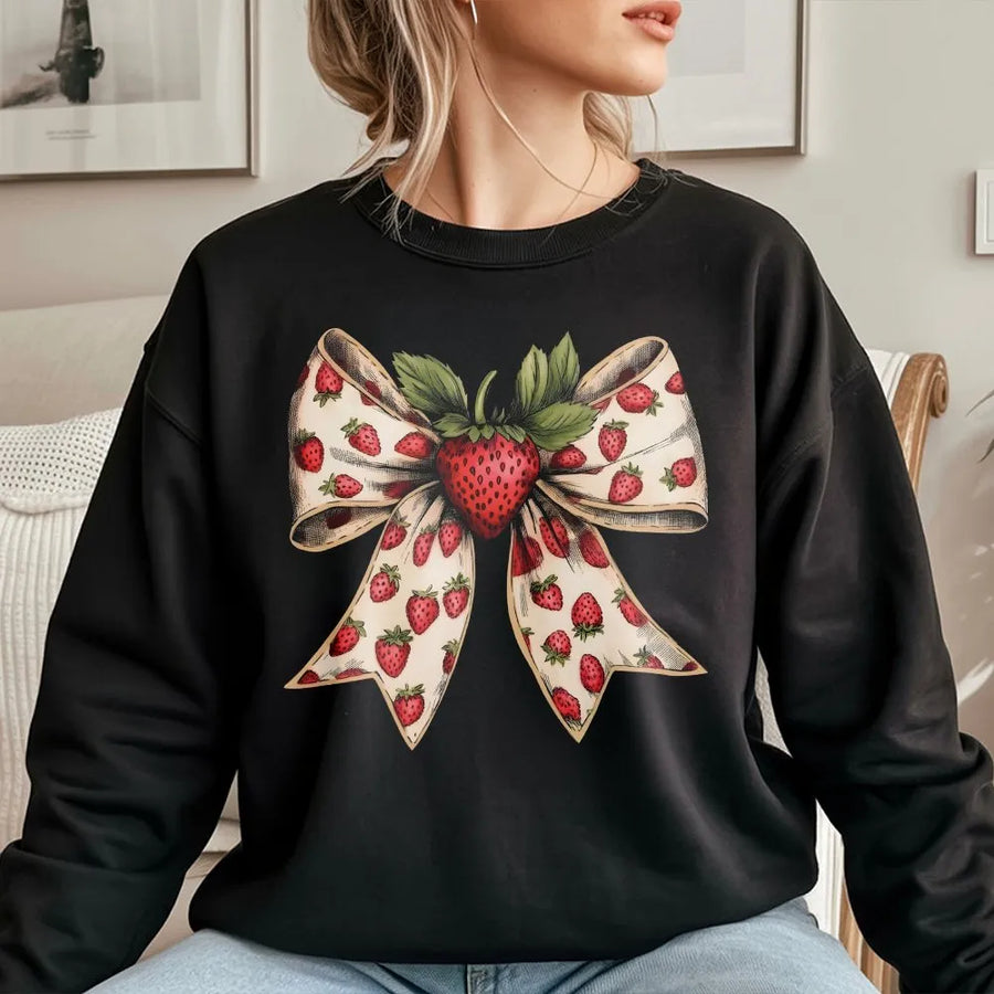 Coquette Strawberry Sweatshirt | Vintage Strawberry Bow Graphic | Soft Cotton Blend Crewneck | Cute Cottagecore Gift for Her