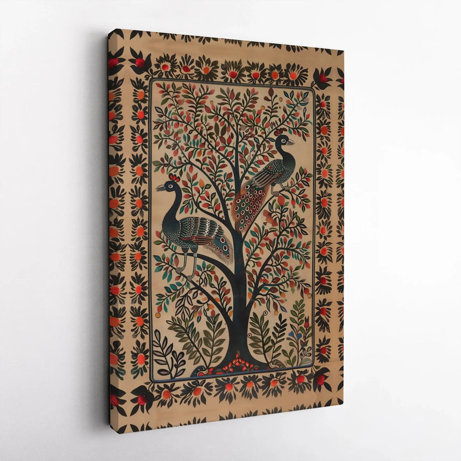 Indian Folk Art Canvas Print | Tree of Life with Peacocks | 1.25-Inch Gallery Wrap | Ethnic Wall Decor for Home Office