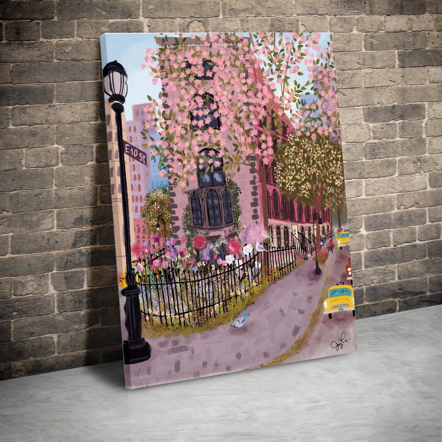 East Village NYC Vertical Canvas | Spring Cherry Blossom Scene Art | Premium 1.25" Thick Gallery Canvas | New York Lover Gift & Apartment Wall Decor