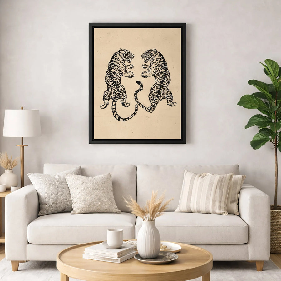 Fighting Tigers Canvas Wall Art | Japanese Ink Style Illustration | Gallery-Quality Premium Print | Bold Home Decor for Living Room or Office