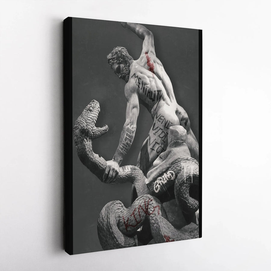 Greek Statue Canvas Wall Art | Hustle Mentality Graffiti Print | 1.25 Inch Premium Gallery Wrap | Motivational Office Decor for Men