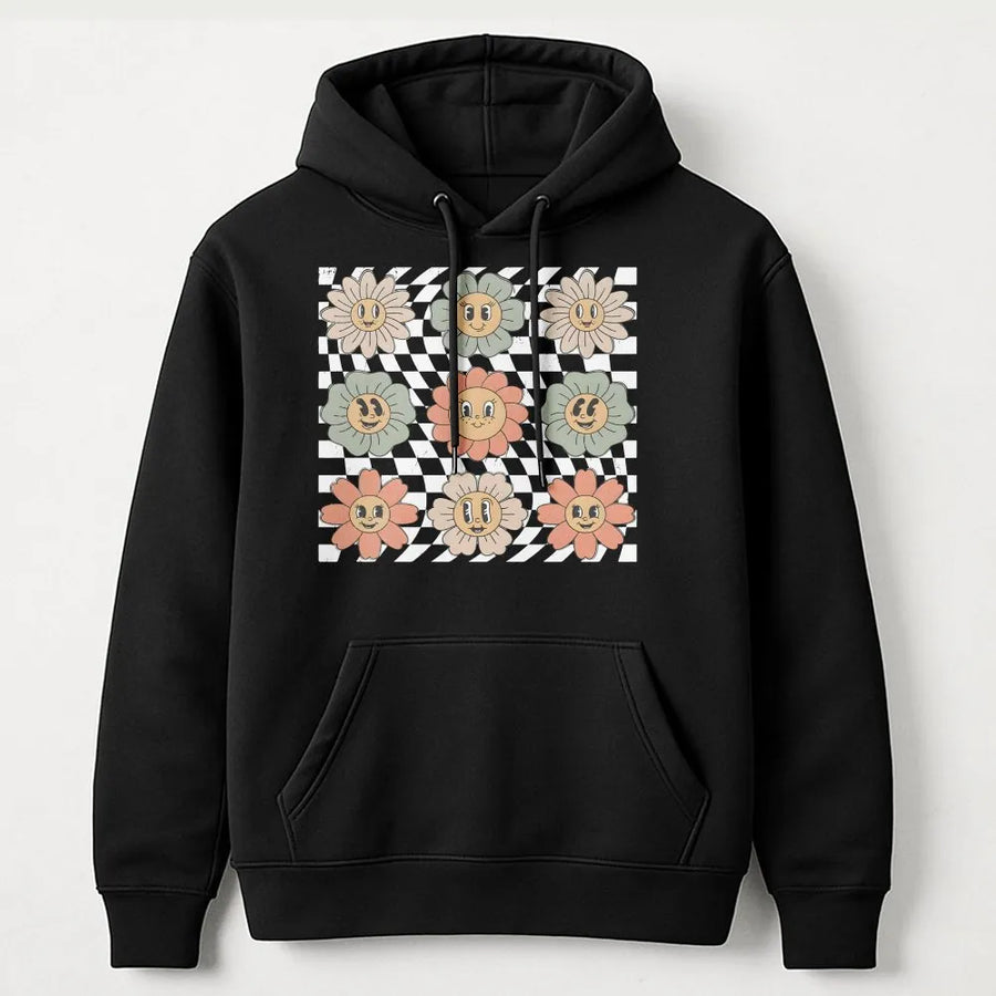 Retro Checkered Flower Hoodie | Groovy Smiley Floral Graphic | Soft Cotton Unisex Tee | Trendy Boho Gift for Women