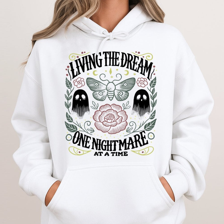 Living The Dream Hoodie | Spooky Ghost Moth Graphic | Cotton-Blend Comfort | Aesthetic Gothic Gift For Her