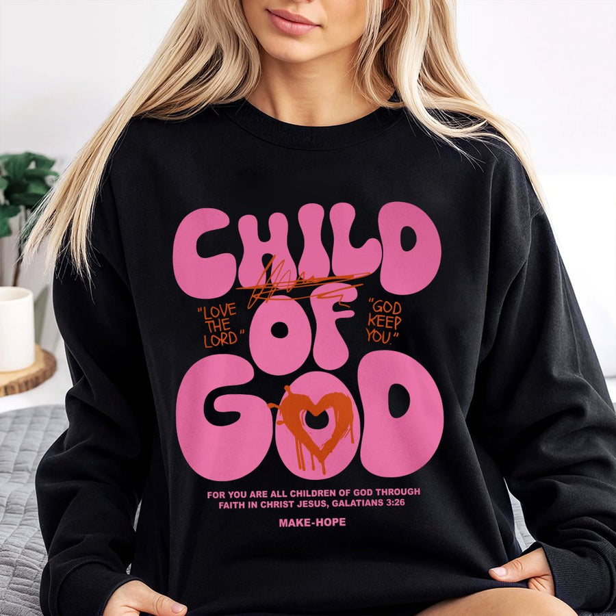 Child Of God Sweatshirt | Retro Pink Bubble Letter Christian Graphic | Premium Cotton Blend | Faith-Based Gift For Believers