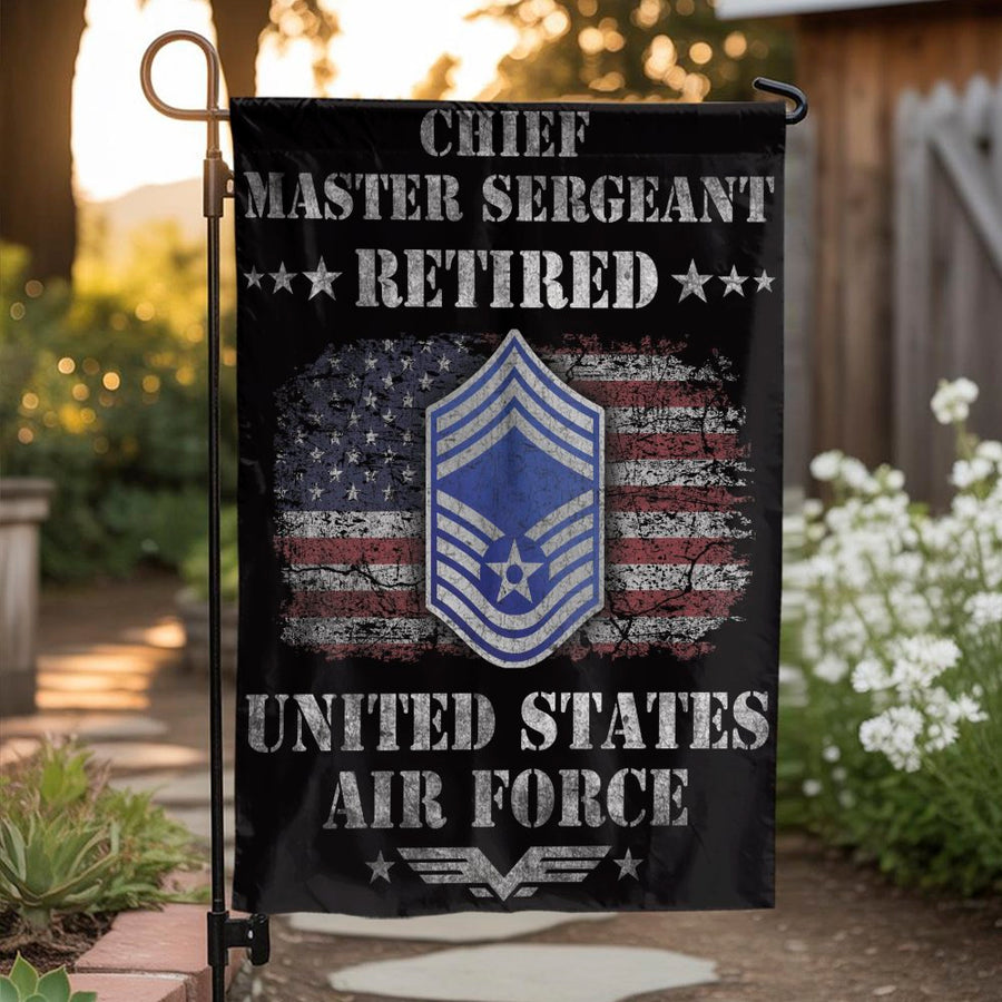Chief Master Sergeant Retired Garden Flag | Distressed USA Flag Design | Weather-Resistant Polyester | Military Retirement Gift for Air Force Veteran