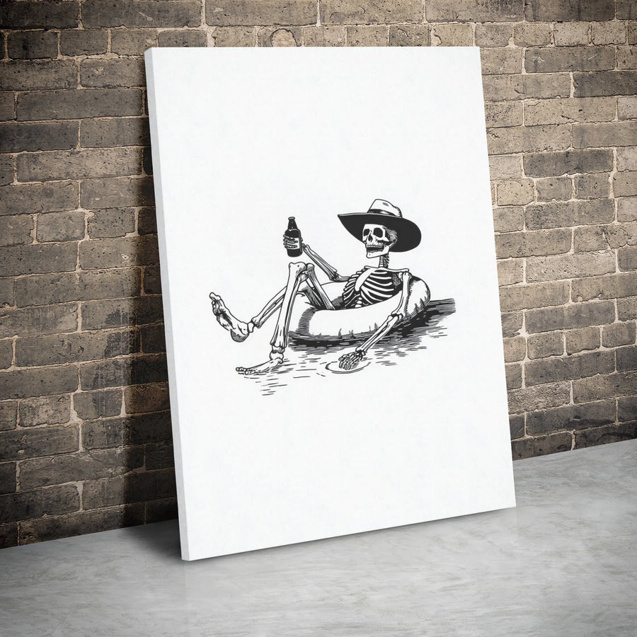Skeleton Cowboy Canvas Wall Art | Relaxing Pool Floatie Illustration | Premium Gallery Wrap Decor | Unique Western Drinking Gift