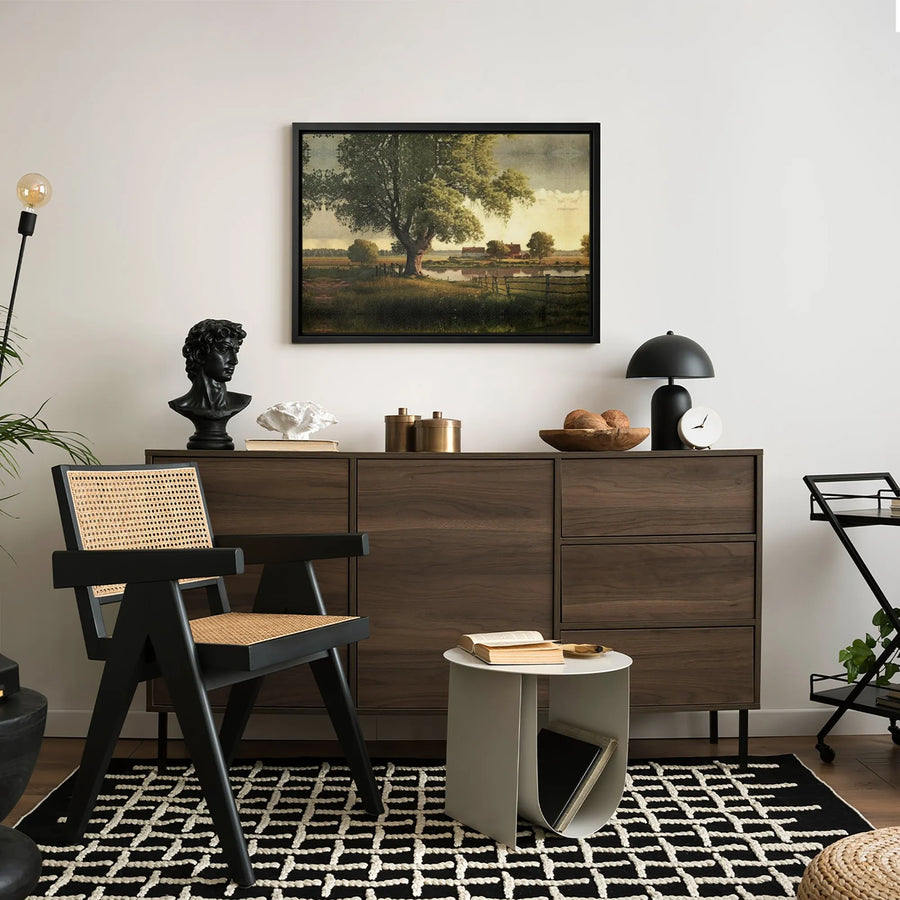 Vintage Farmhouse Landscape Canvas Art | Countryside Pond and Oak Tree Scene | 1.25 Inch Premium Gallery Profile | Rustic Home Decor Wall Print