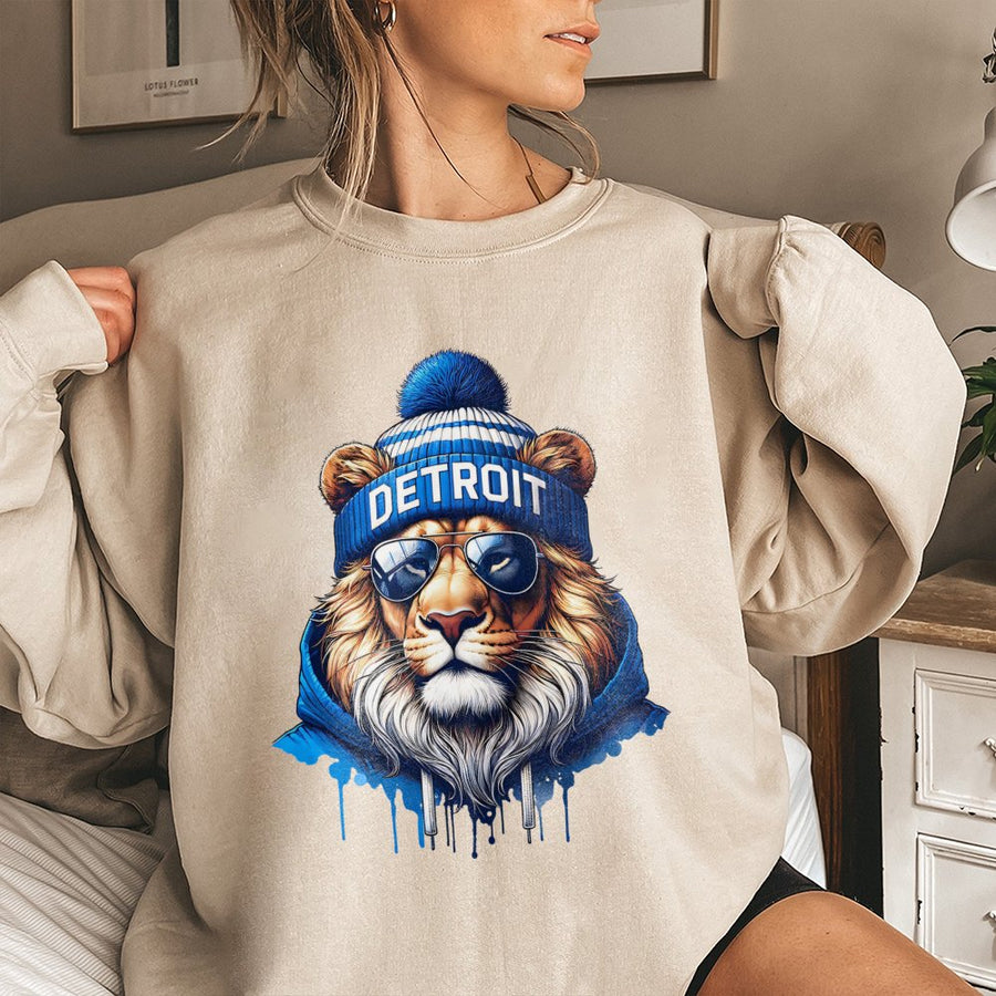 Detroit Lion Wearing Beanie And Sunglasses Sweatshirt