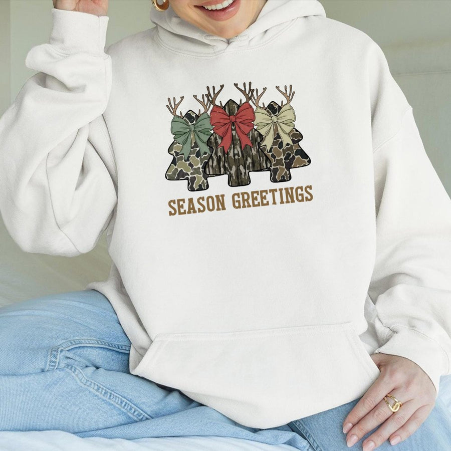 Camo Christmas Tree Hoodie | Coquette Bow Holiday Graphic | Premium Cotton Blend | Unisex Seasonal Gift for Hunters and Outdoors Lovers