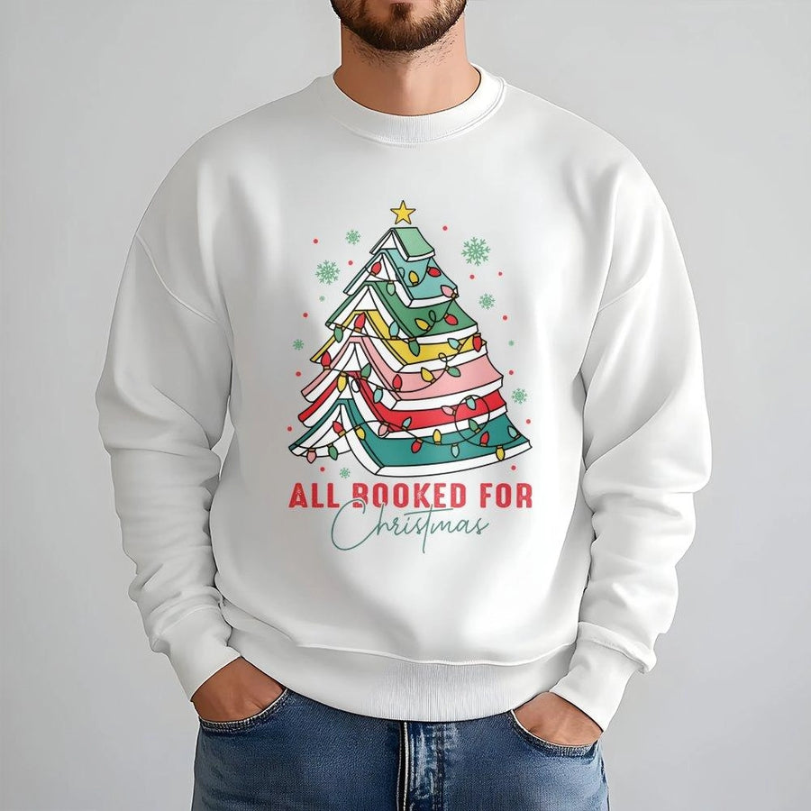 All Booked For Christmas Sweatshirt | Book Tree Holiday Graphic | Premium Cotton Blend Crewneck | Gift For Librarian Readers Teachers