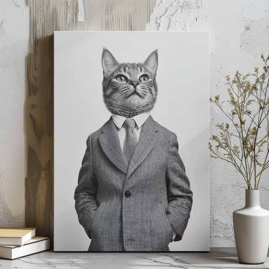 Anthropomorphic Cat Canvas Wall Art | Dapper Cat In Suit Portrait | Premium Gallery-Wrapped Print | Unique Office Or Home Decor Gift
