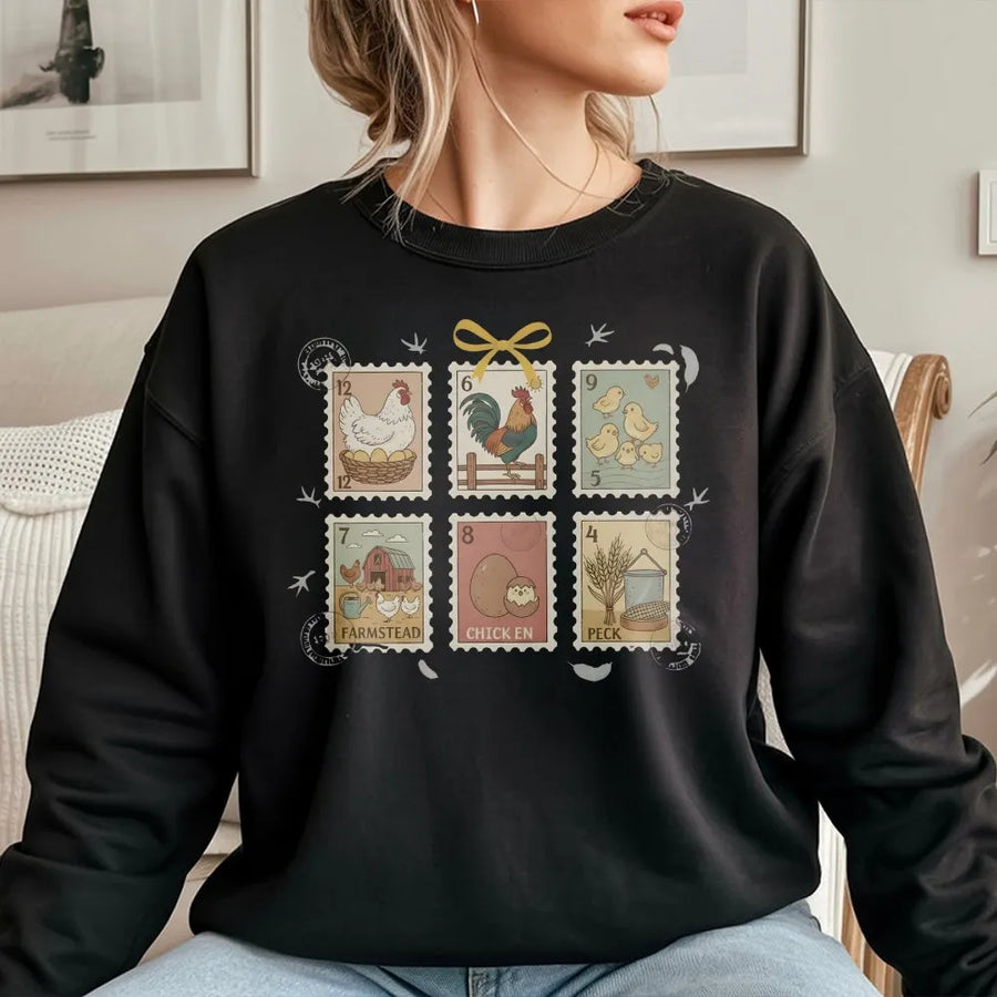 Chicken Stamp Sweatshirt | Vintage Farmstead Postage Stamp Graphic | Premium Soft Cotton Blend | Unique Gift for Chicken Farmer or Bird Lover