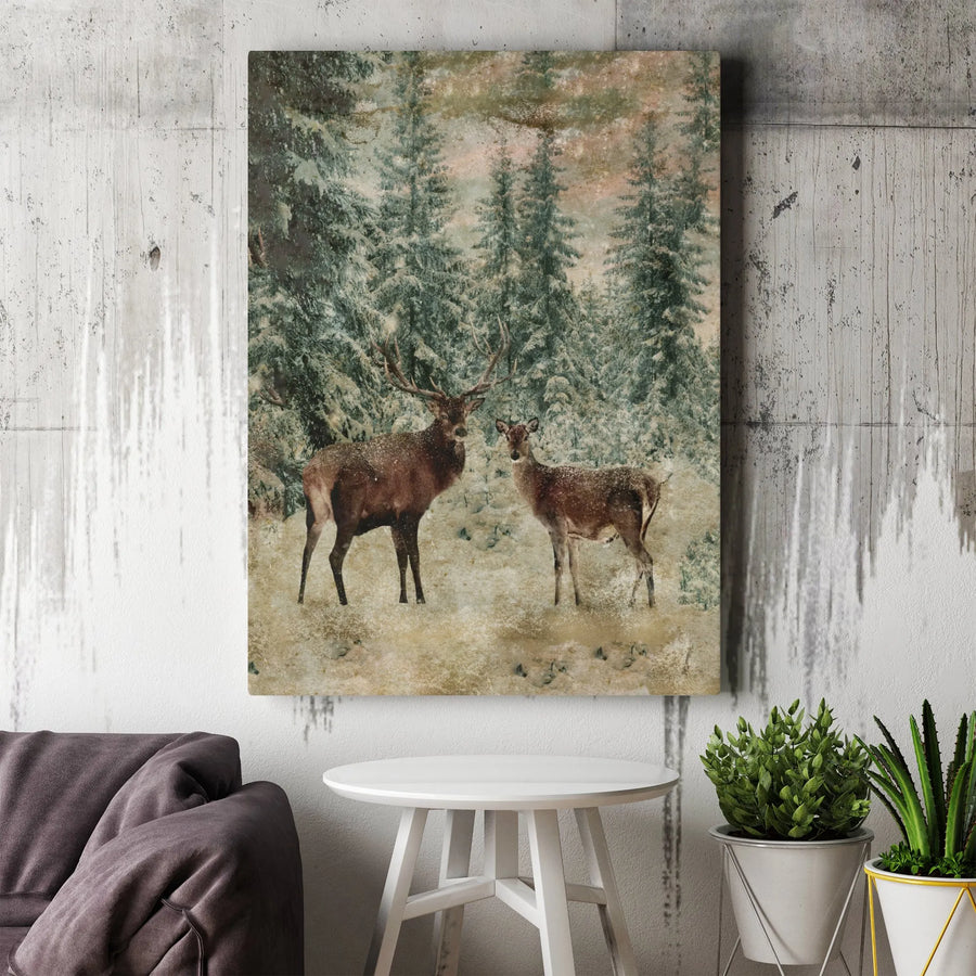Winter Deer Wall Art | Snowy Pine Forest Buck and Doe Canvas | Premium Gallery Wrapped Print | Rustic Holiday Home Decor Gift