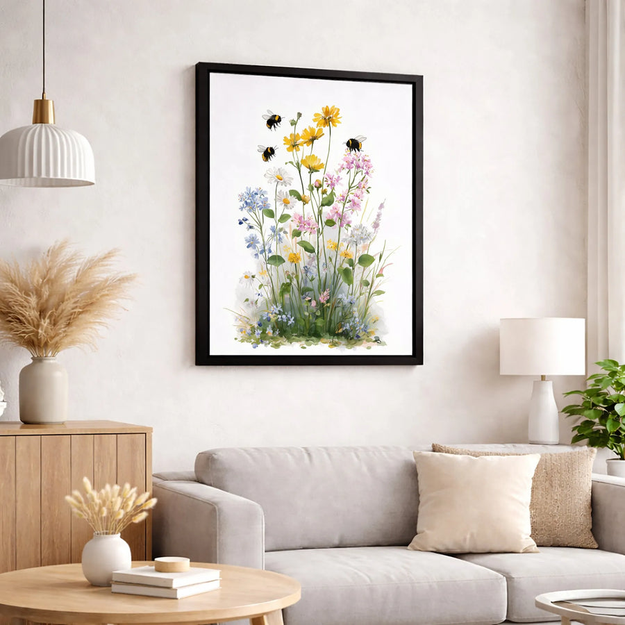 Watercolor Wildflowers And Bumblebee Canvas Print | Botanical Meadow Art | Premium Fade-Resistant Gallery Wrap | Farmhouse Home Decor Gift