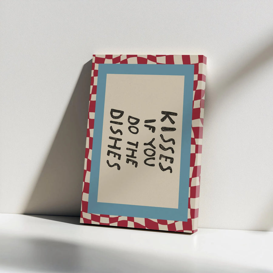 Kisses If You Do The Dishes Vertical Canvas | Retro Checkerboard Funny Kitchen Wall Art | Premium 1.25" Gallery Wrap Frameless Print | Housewarming Gift for Couples