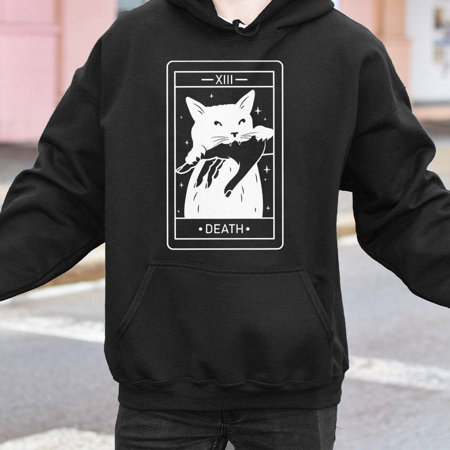 Tarot Card Cat Hoodie | Death Card Occult Graphic | Soft Cotton-Poly Blend | Spooky Witchy Aesthetic Gift for Cat Lovers