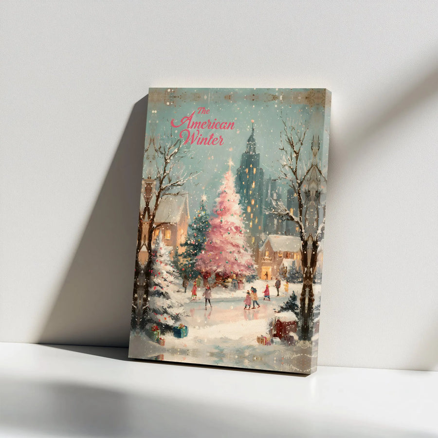 American Winter Canvas Wall Art | Vintage Christmas Ice Skating Scene | Premium 1.25" Gallery Wrap | Holiday Home Decor Gift