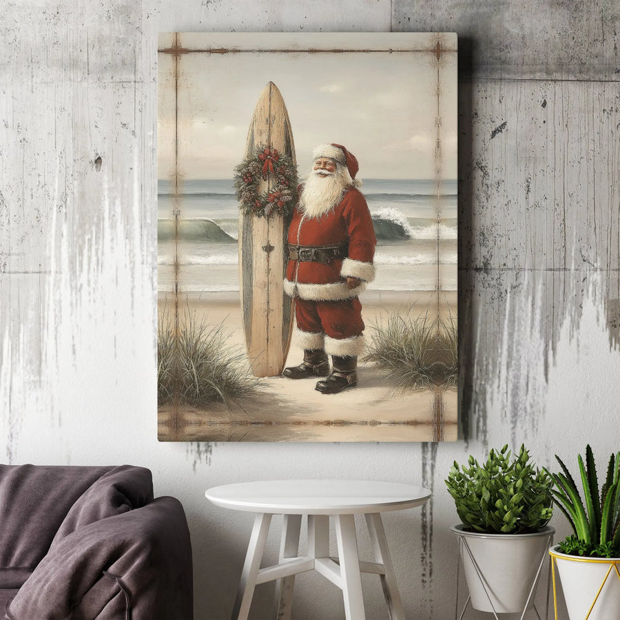 Coastal Santa Claus Canvas Wall Art | Vintage Surfing Santa Decor | Premium Gallery-Wrapped Print | Christmas Gift for Beach Lovers
