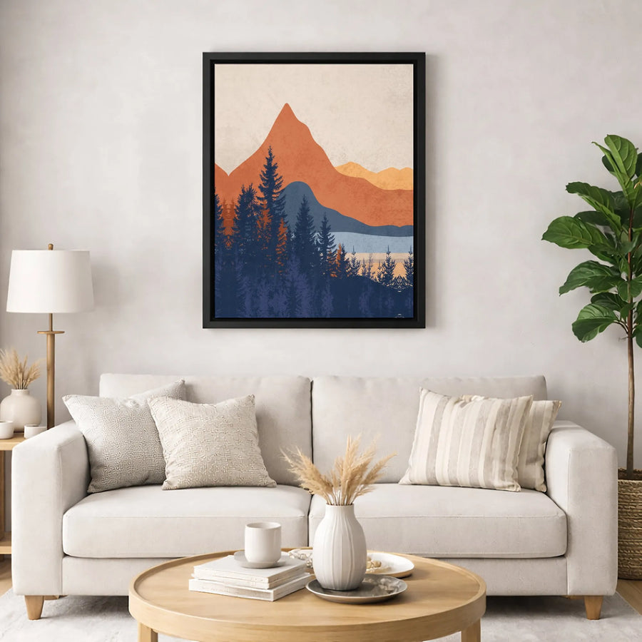 Abstract Mountain Canvas Wall Art | Mid Century Terracotta Pine Forest Print | Premium Gallery Wrap Decor | Modern Home Office Gift