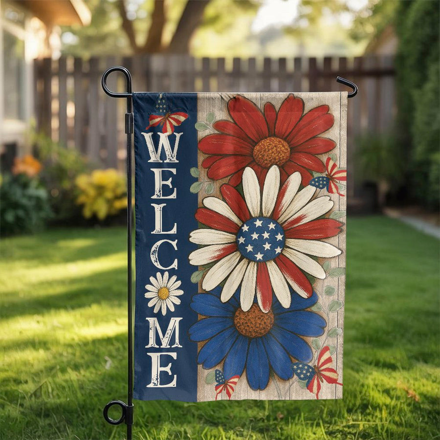 Patriotic Garden Flag | Red White Blue Daisy Welcome Sign | Weather-Resistant Polyester | 4th of July Summer Outdoor Yard Decor