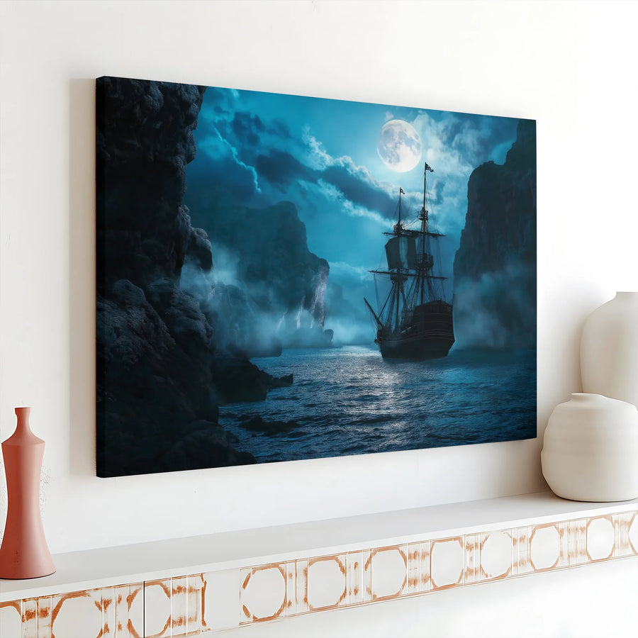 Pirate Ship Wall Art | Misty Ocean Nightscape | Premium Gallery Wrapped Canvas | Nautical Home Decor For Living Room And Office