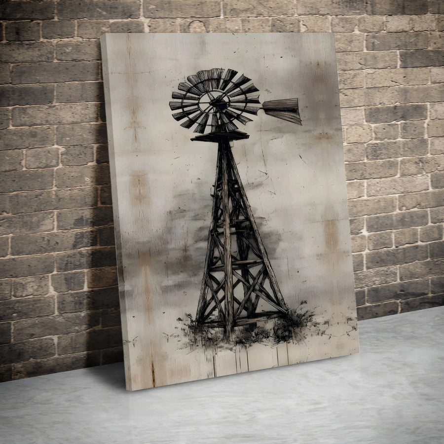 Rustic Windmill Wall Art | Vintage Farmhouse Sketch Print | Premium Gallery Wrapped Canvas | Country Home Decor Gift